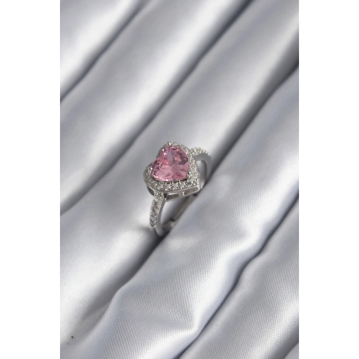 Gümüş Renk Pembe Zirkon Taşlı Charm Kalp Model Kadın Yüzük