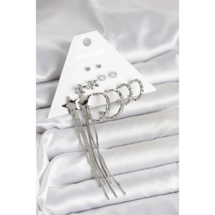 Gümüş Renk Pirinç 6 Çift Kadın Küpe Seti