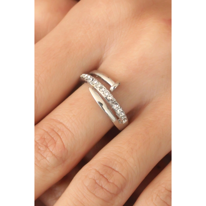 Gümüş Renk Taşlı Çivi Ayarlanabilir Kadın Yüzük