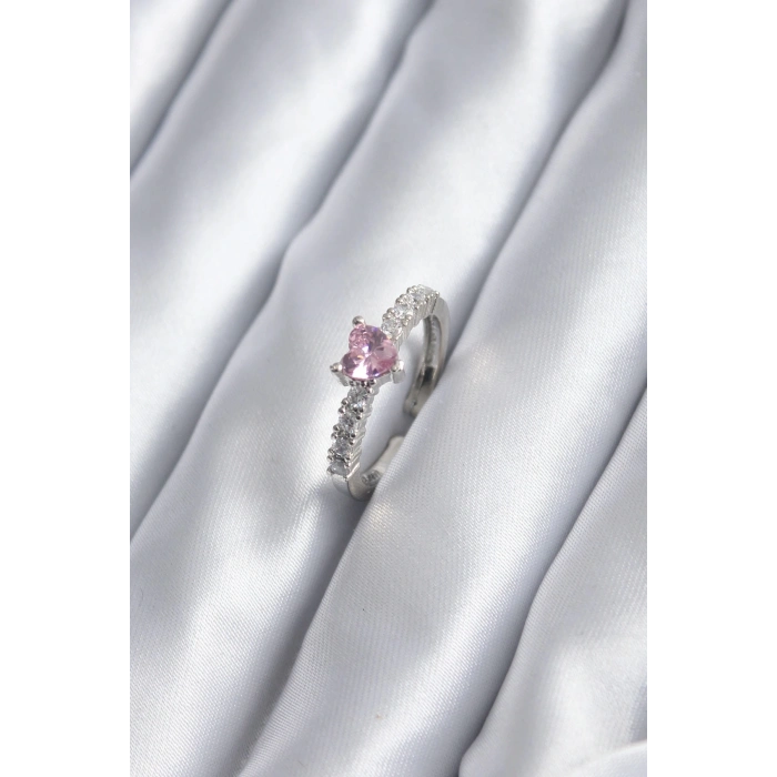 Gümüş Renk Zirkon Taşlı Pembe Kristal Kalp Model Kadın Yüzük