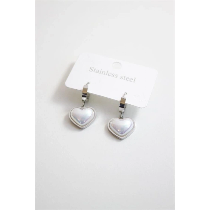 İncili Çelik Kalp Küpe - Gümüş