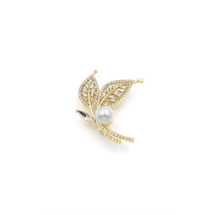İncili Yaprak Broş - Altın