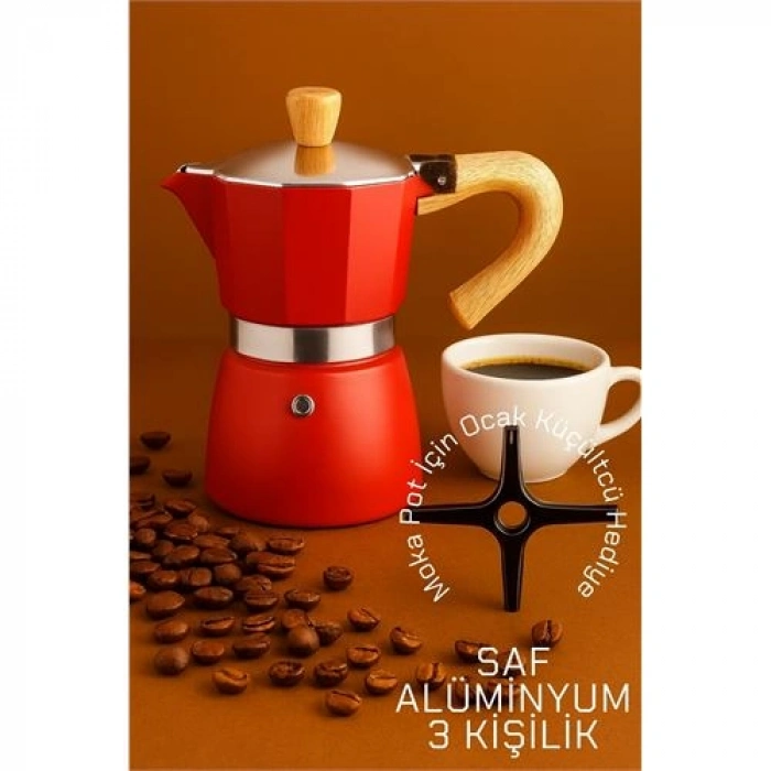 Italyan Moka Pot - 6061 Saf Alüminyum  Ahşap Saplı - 3 kişilik KIRMIZI