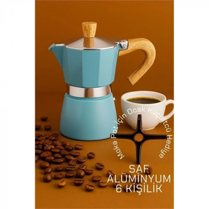 Italyan Moka Pot - 6061 Saf Alüminyum  Ahşap Saplı - 6 kişilik MAVİ
