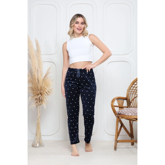 Kadife pijama altı lacivert üzerine beyaz Pontiye desenli q7013