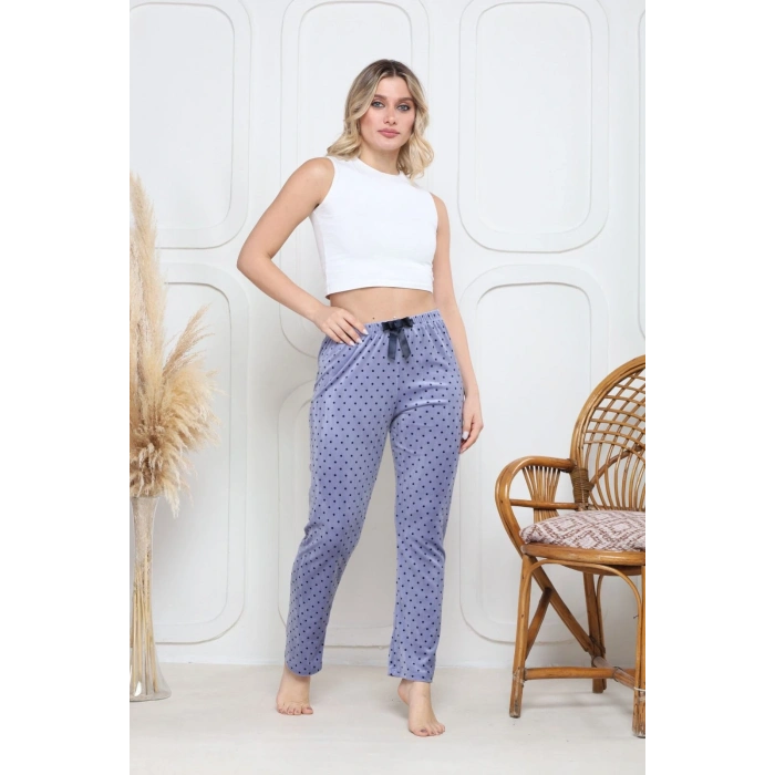 Kadife pijama altı mavi üstüne siyah Pontiye desenli q7013