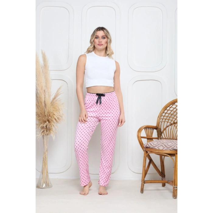 Kadife pijama altı pembe üzerine siyah pontiye desenli q7013