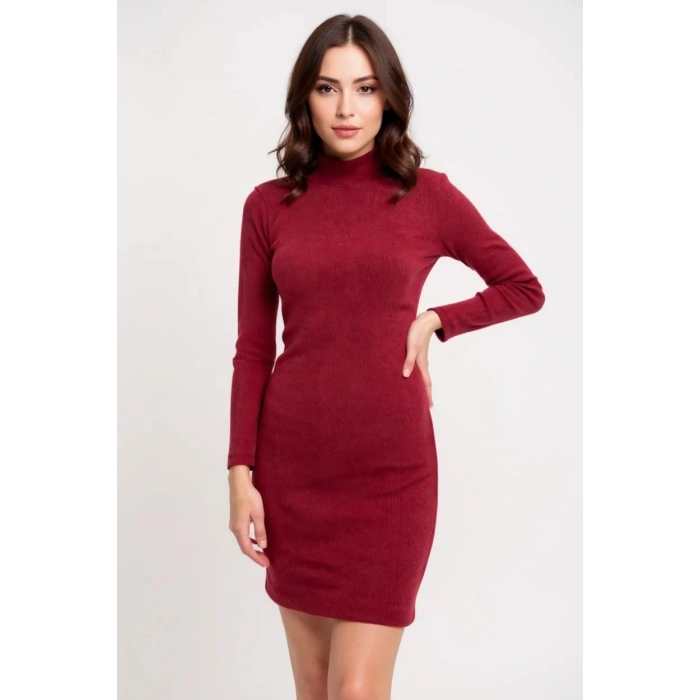 Kadın Bordo Kaşkorse Balıkçı Yaka Uzun Kollu Bodycon Mini Elbise – Şık, Rahat ve 4 Mevsim