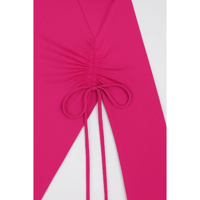 Kadın Fuşya Uzun İspanyol Kollu Asimetirik Yaka Yandan Bağlamalı Drapeli Bluz