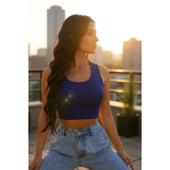 Kadın Lacivert Kare Yaka Crop Top Bluz – Şık, Rahat ve Kolay Kombinlenebilir