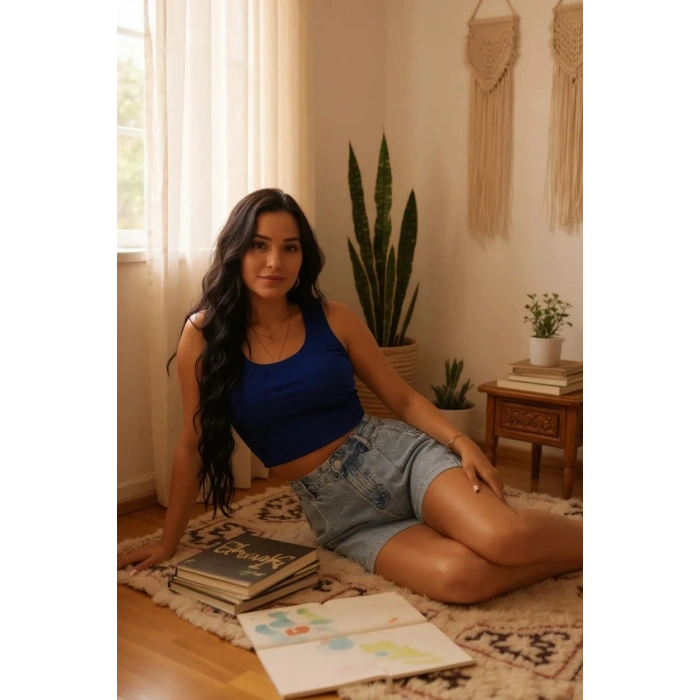 Kadın Lacivert Kare Yaka Crop Top Bluz – Şık, Rahat ve Kolay Kombinlenebilir