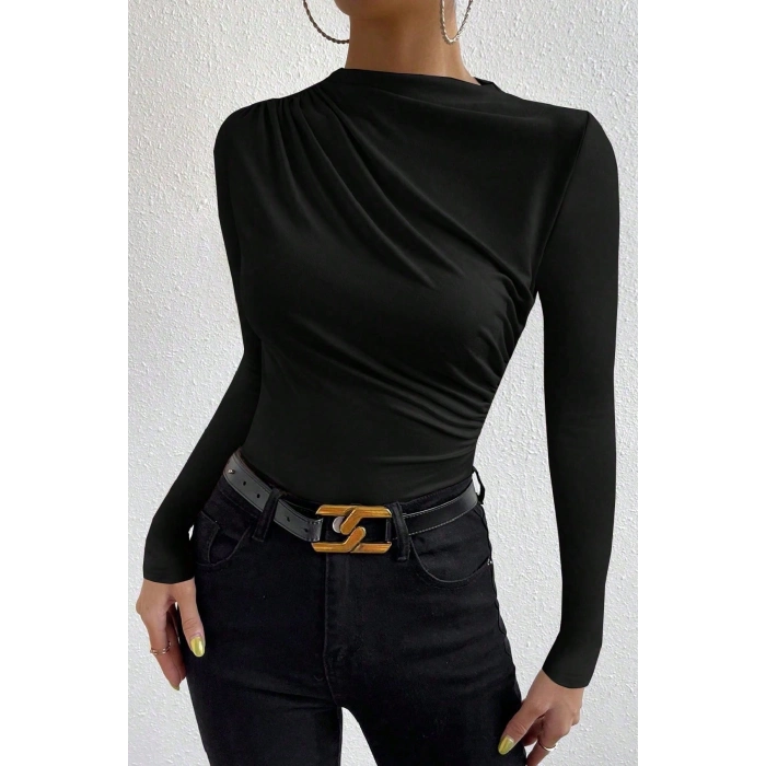 Kadın Siyah Belden ve Boyundan Büzgü Detaylı Uzun Kollu Bluz