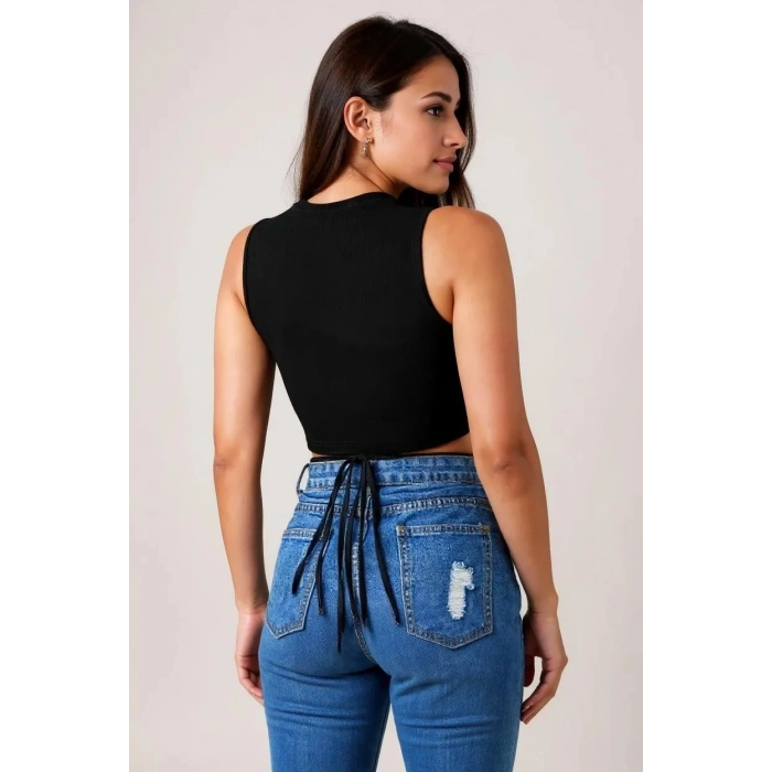 Kadın Siyah Çapraz Bağlamalı Crop Top Büstiyer – Modern ve Şık Tasarım