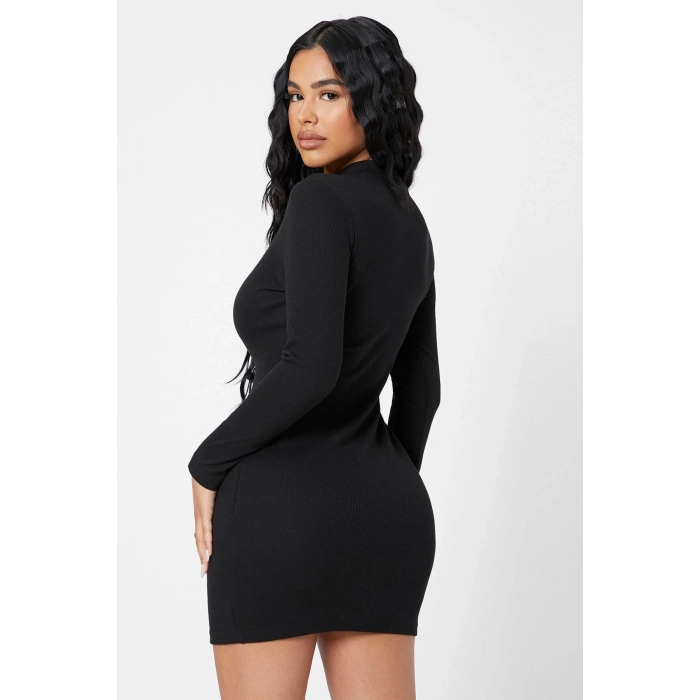 Kadın Siyah Kaşkorse Balıkçı Yaka Uzun Kollu Bodycon Mini Elbise