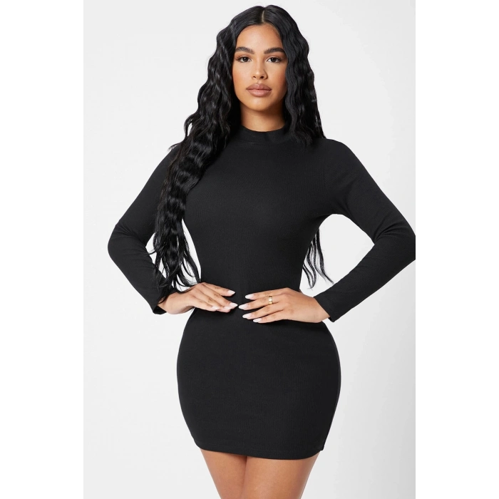 Kadın Siyah Kaşkorse Balıkçı Yaka Uzun Kollu Bodycon Mini Elbise