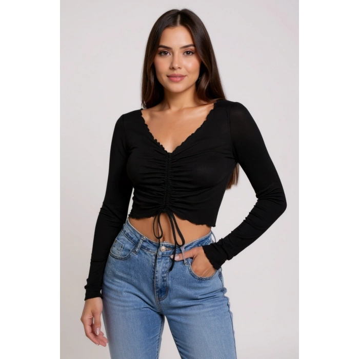 Kadın Siyah Uzun Kollu Büzdürme Bağcık Detaylı Crop Top Bluz – Şık, Rahat ve Kolay Kombinlenebilir