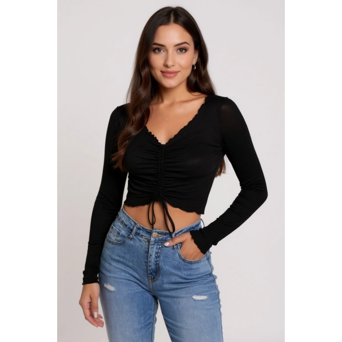 Kadın Siyah Uzun Kollu Büzdürme Bağcık Detaylı Crop Top Bluz – Şık, Rahat ve Kolay Kombinlenebilir