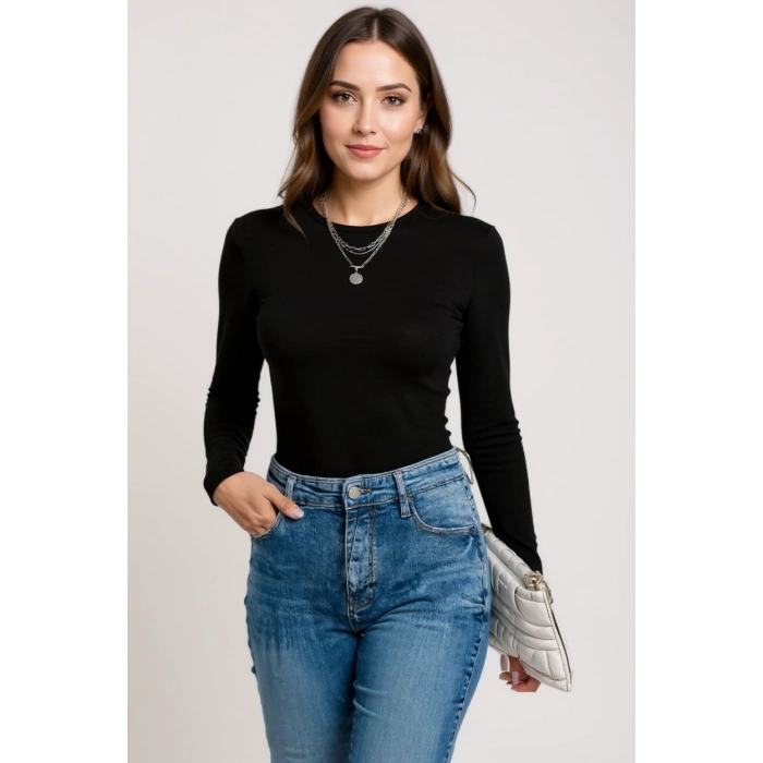 Kadın Siyah Uzun Kollu Fit Basic Crop Top Bluz