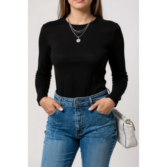 Kadın Siyah Uzun Kollu Fit Basic Crop Top Bluz