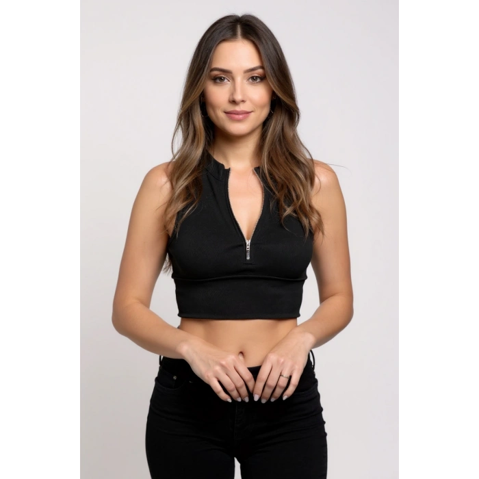 Kadın Siyah Yarım Fermuarlı Sıfır Kol Crop Top Bluz – Şık, Rahat ve Kolay Kombinlenebilir