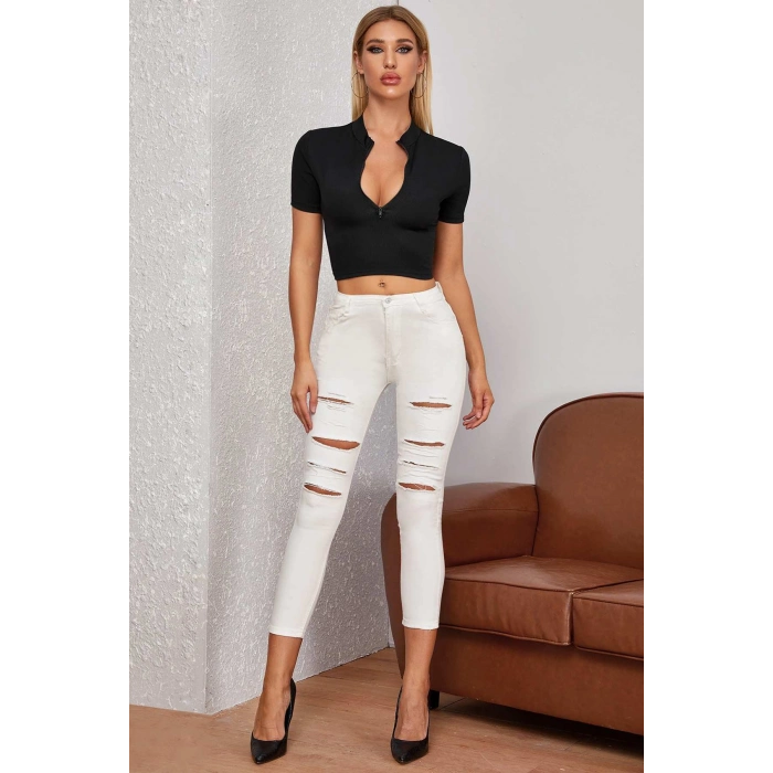 Kadın Siyah Yarım Fermuarlı ve Kısa Kollu Crop Top Bluz