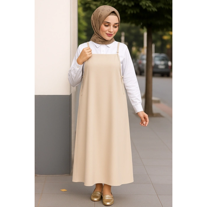 Kadın Taş Rengi Basic Ayarlanabilir Askılı Jile Elbise