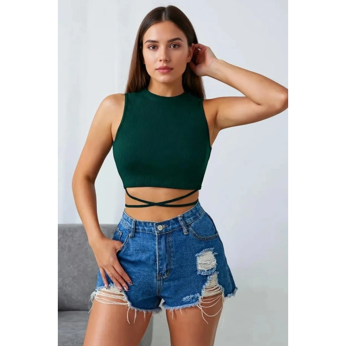 Kadın Yeşil Çapraz Bağlamalı Crop Top Büstiyer – Modern ve Şık Tasarım