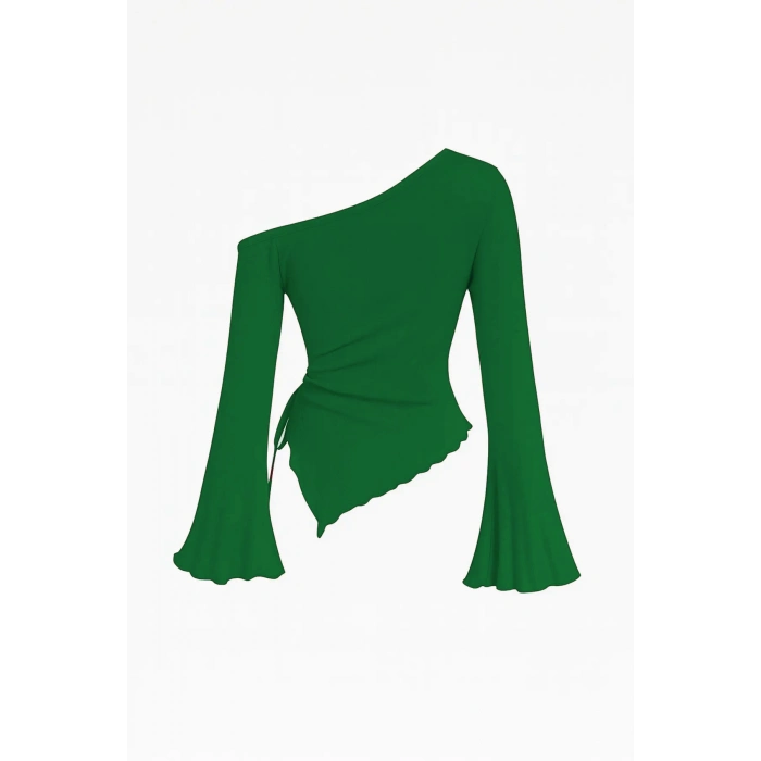 Kadın Yeşil Uzun İspanyol Kollu Asimetirik Yaka Yandan Bağlamalı Drapeli Bluz