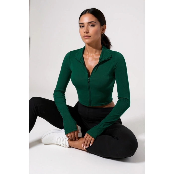 Kadın Yeşil Uzun Kol Fermuarlı Parmak Geçme Detaylı Dik Yaka Crop Top Bluz