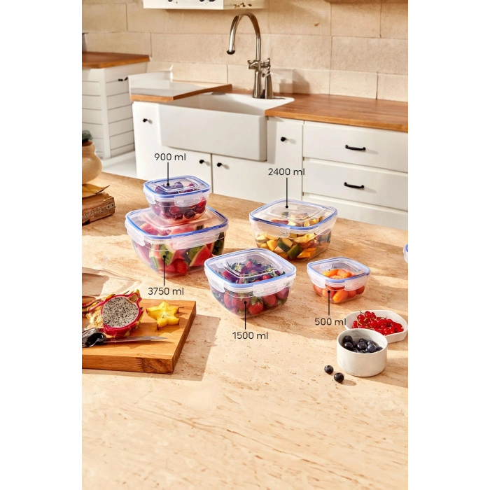 Kare 10 Parça Contalı Vakumlu Sızdırmaz Hava Almaz Saklama Kabı Seti 2x(3750/2400/1500/900/500 ml)