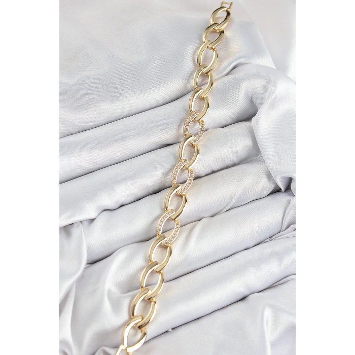 Pirinç Zirkon Taşlı Zincir Model Gold Renk Kadın Bileklik