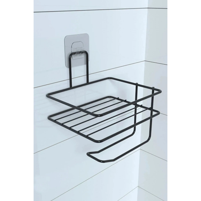 Kendiliğinden Yapışkanlı Tuvalet Kağıdı Tutacağı ve Yedek Raf - Siyah Modern Metal Tasarım