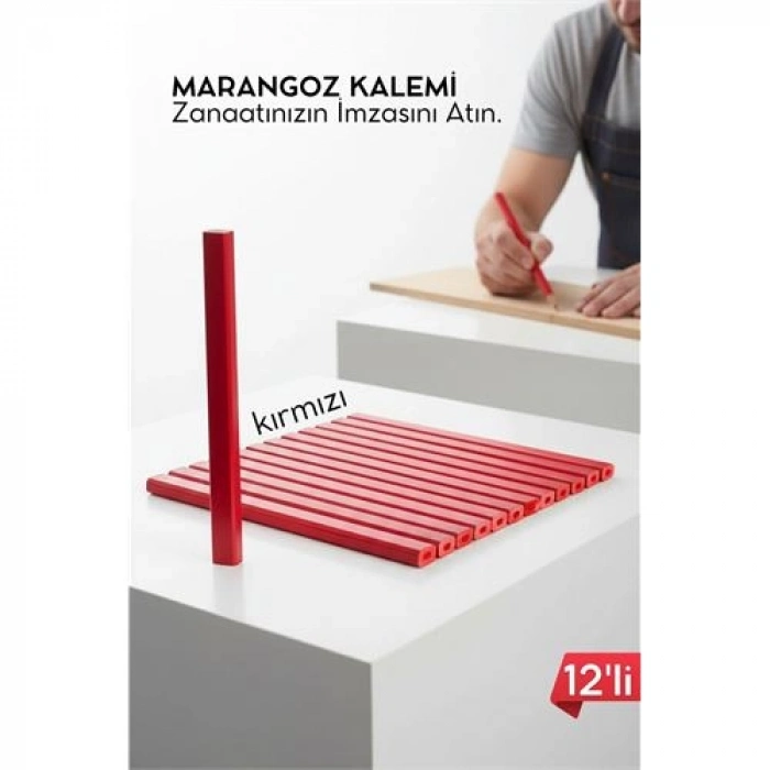 KIRMIZI 12Lİ  Marangoz Kalemi - Ahşap İşleme Kalemi - Ahşap İşleme İşaretleme Araçları