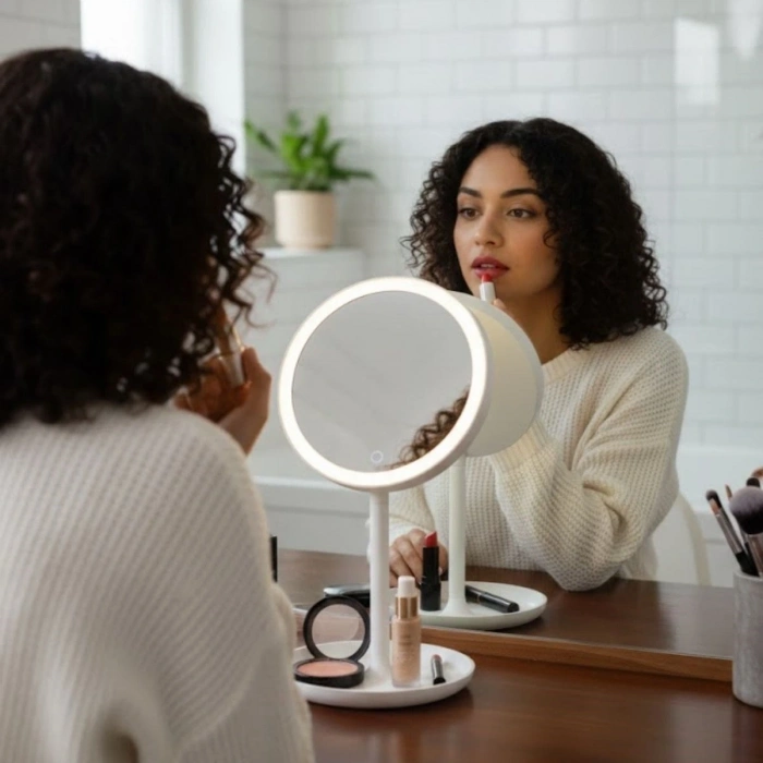 LED Işıklı Yuvarlak Makyaj Aynası – Dokunmatik Ayarlanabilir Işık Tonlu, 360° Döner Masaüstü Profesyonel Makyaj ve Cilt Bakım Aynası