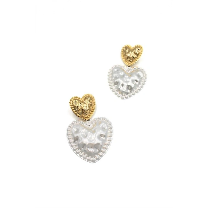 Metal İnci Kalp Küpe - Altın
