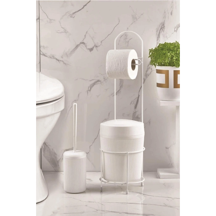 Metal Standlı Yuvarlak Kovalı & Kağıtlıklı & Fırçalıklı Beyaz Banyo Takımı