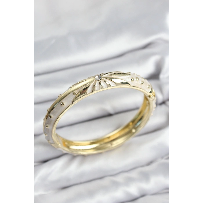 Mineli Pirinç Zirkon Taşlı Bej Desen Motifli Gold Kadın Kelepçe