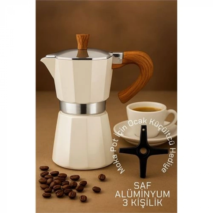 Italyan Moka Pot - 6061 Saf Alüminyum  Ahşap Saplı - 3 kişilik KREM
