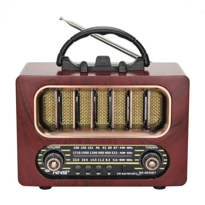 Orta Boy Retro Ahşap Tasarım Bluetooth Hoparlörlü Radyo – FM/AM Destekli, Şarjlı ve Taşınabiliri Radyo NS-6636