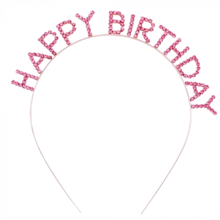 Pembe Kristal Taşlı Gold Happy Birthday Taçı