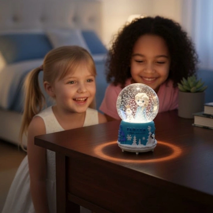 Pilli Işıklı Müzikli Kar Küresi–frozen Karlar Ülkesi Figürlü Eğlenceli Masaüstü Biblo, LED Aydınlatmalı Dekoratif Hediyelik Kar Küresi