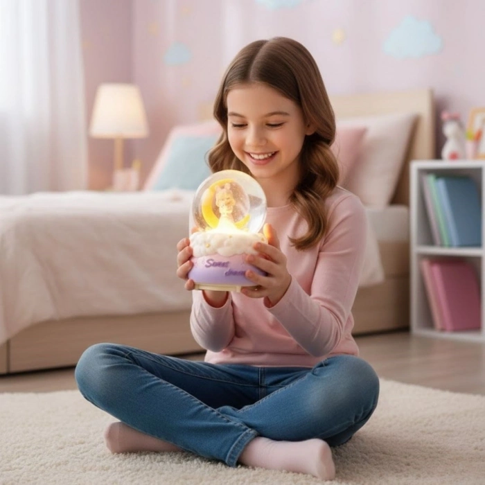 Pilli Işıklı Müzikli Kar Küresi–Hilal Ay Önünde Prenses Figürlü Eğlenceli Masaüstü Biblo, LED Aydınlatmalı Dekoratif Hediyelik Kar Küresi