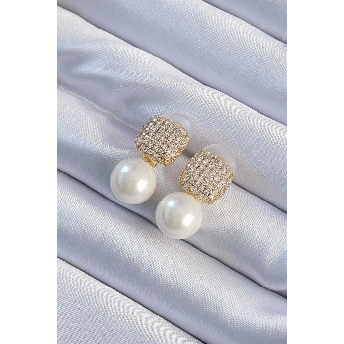 Pirinç Altın Renk Zirkon Taşlı Kare Model İnci Tasarım Kadın Küpe