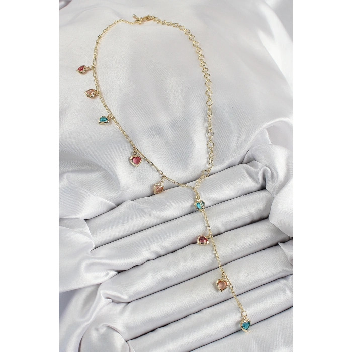 Pirinç Asorti Kalp Model Gold Renk Zirkon Taşlı Y Kolye