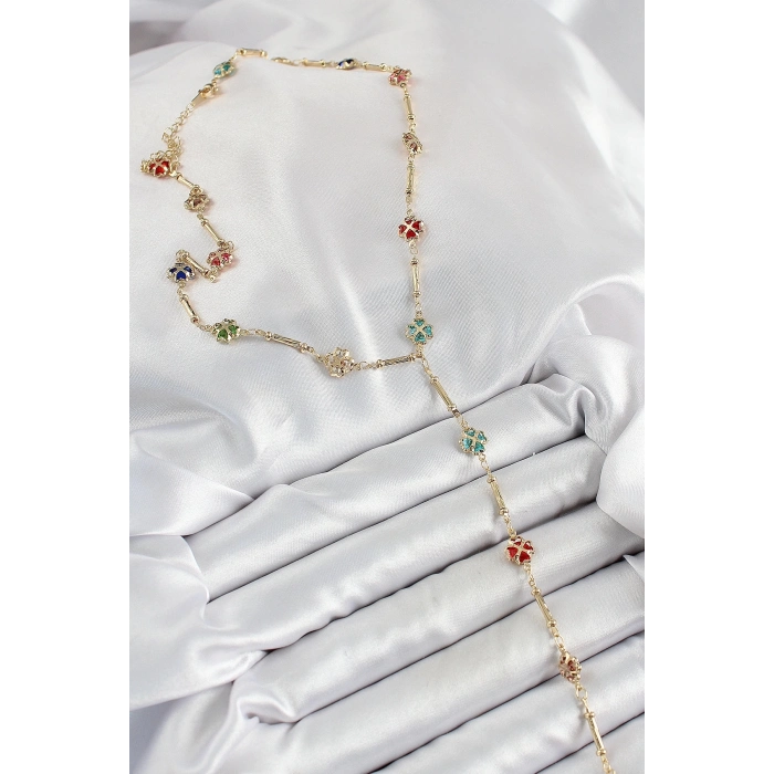 Pirinç Asorti Kalpli Yonca Model Gold Renk Zirkon Taşlı Y Kolye