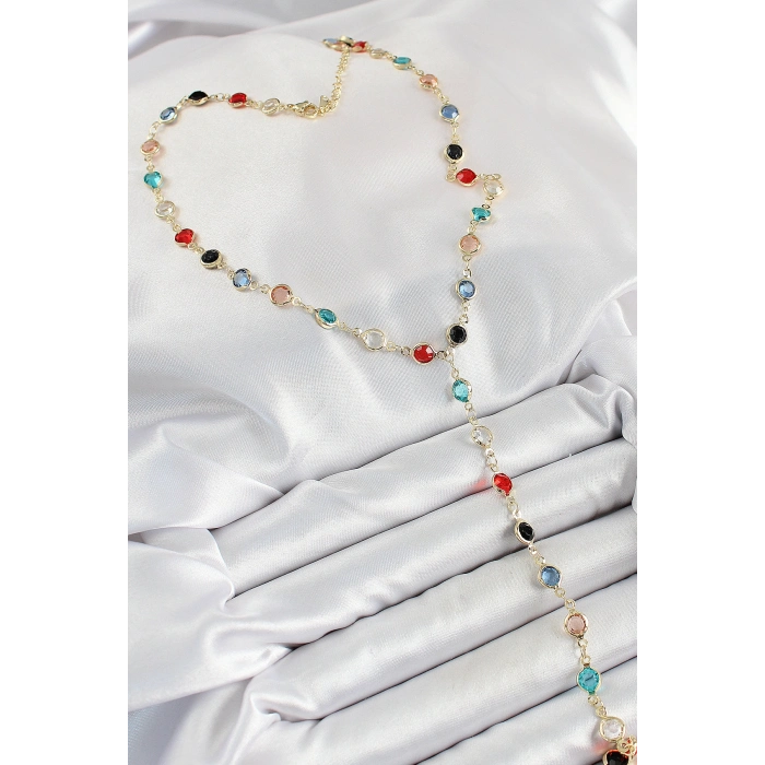 Pirinç Asorti Model Gold Renk Zirkon Taşlı Y Kolye