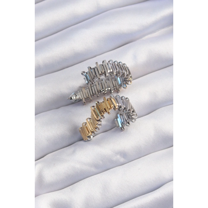 Pirinç Gold Gümüş Renkli Tırtıklı Kalp Küpe