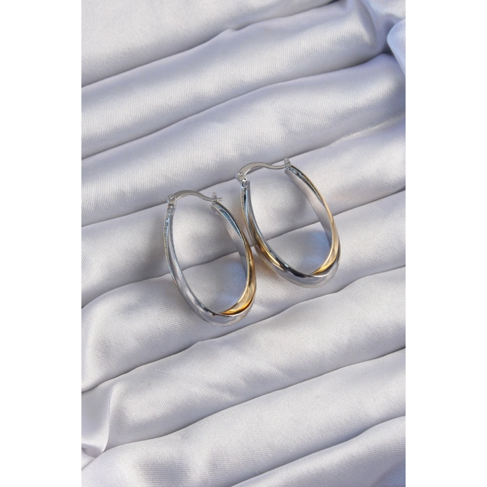 Pirinç Gold Gümüş Renkli Uzun Kıvrımlı Küpe