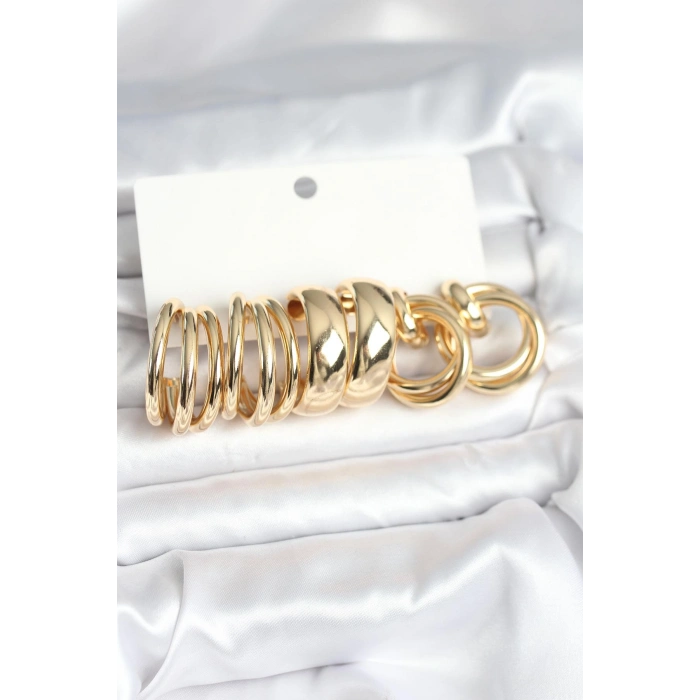 Pirinç Gold Renk 3 Çift Vintage Kadın Küpe Seti