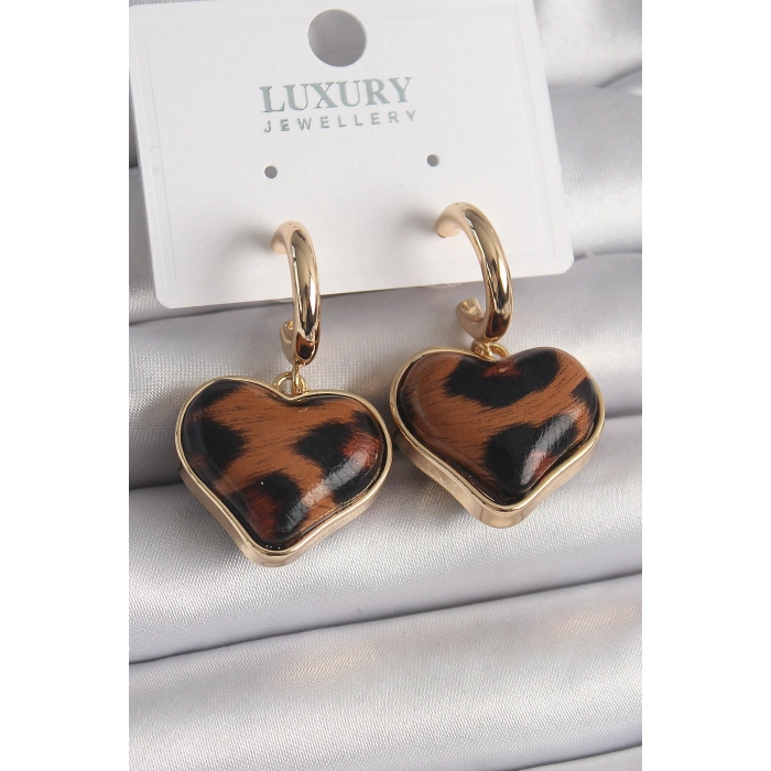 Pirinç Gold Renk 3D Kalp Leopar Desen Model Kadın Küpe